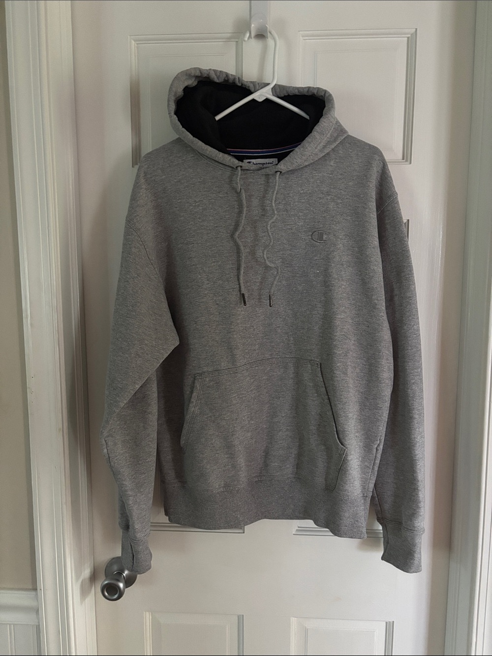 Champion Gray Hoodie with Black Hood Lining and Red-White-Blue Trim